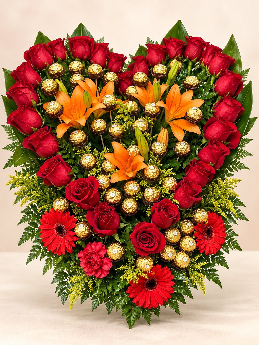 Heart-shaped floral arrangement with red roses, orange lilies, gold-wrapped chocolates, red gerbera daisies, and green foliage on cream background